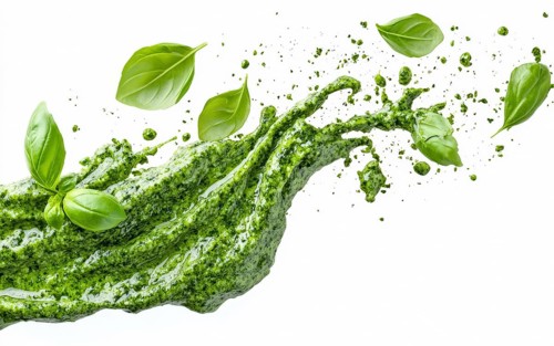 Green pesto with basil leaves creating a splash effect on a white background, emphasizing freshness