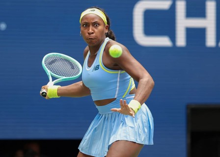 Tennis player Coco Gauff in action at the US Open 2024 Championships, Billie Jean King Tennis