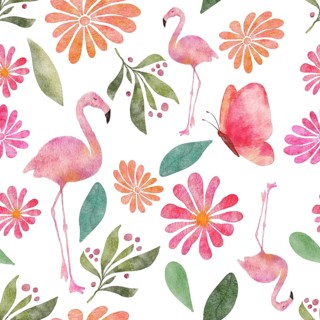 Seamless watercolor pattern illustration with butterflies, flamingos, flowers and leaves on white