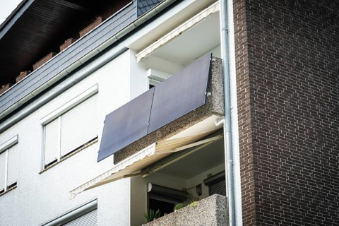 Balcony power plant on an apartment block in Monheim am Rhein, Germany, Europe