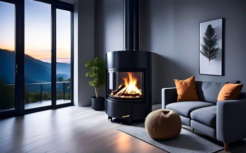 A wood-burning stove in a modern flat, AI generated, AI generated