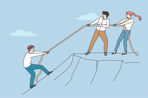 Diverse employees throw rope help colleague climb up hill. Coworkers help person showing support