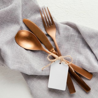 Arrangement elegant tableware with empty tag