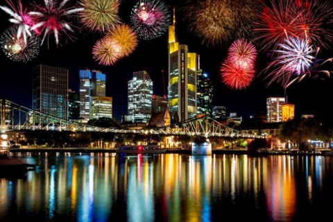Fireworks at the skyline of Frankfurt at night
