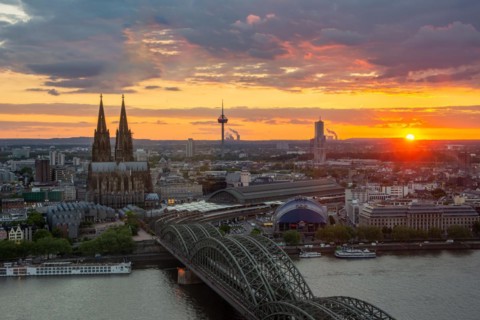 COLOGNE, GERMANY - MAY 12: Cityscape of Cologne, Germany on May 12, 2019 during sunset. View from