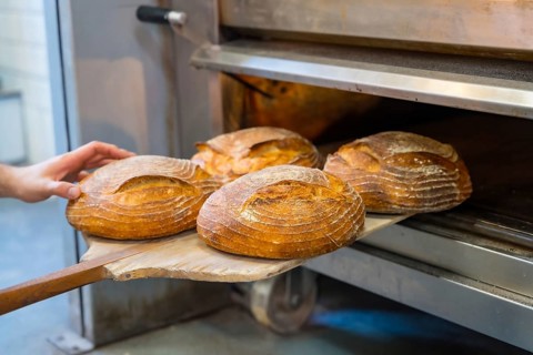 Baker employee of bakery in the workshop workshop of artisan bakery baking loaves in the oven