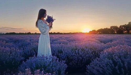 Young woman wearing a white dress on a lavender field smelling purple lavandula flowers bouquet.