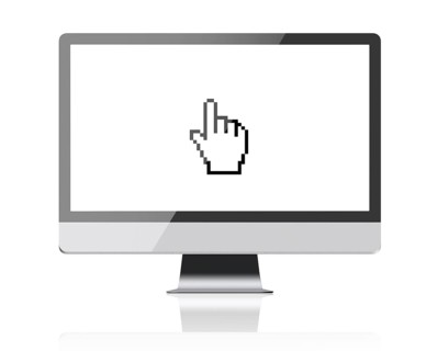 New monitor computer retina display with blank screen and hand cursor. Isolated on a white
