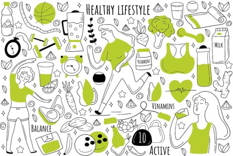 Healthy lifestyle doodle set. Collection of hand drawn sketches patterns templates of people
