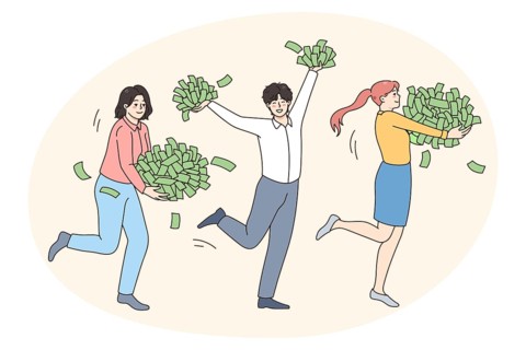 Overjoyed people with piles of money feel joyful with lottery win or victory. Happy men and women