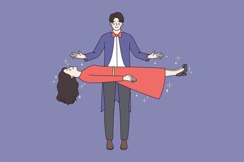 Magician work in circus make woman assistant float in air. Witcher perform magic focus or trick