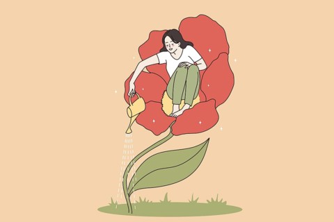 Loving and taking care of yourself concept. Young happy woman sitting in flower and watering it