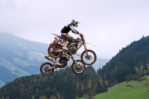 Tandem jump at the Tyrolean Motocross Championships, Aschau in Zillertal Valley, Tyrol, Austria,