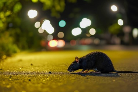 A rat (Rattus norvegicus) explores an urban street at night with blurred lights in the background,
