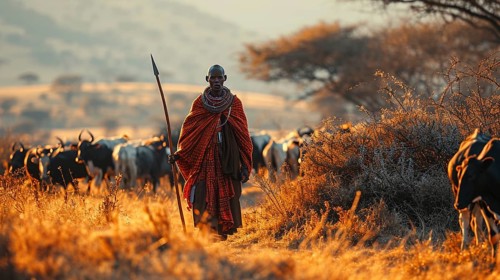 A Maasai in traditional clothing and a spear from Kenya herds a herd of cows, sunset, AI generated