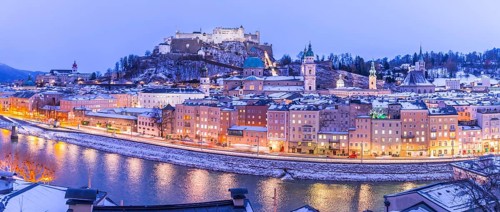 Salzburg old city at christmas time, snowy in the evening, Austria, Europe