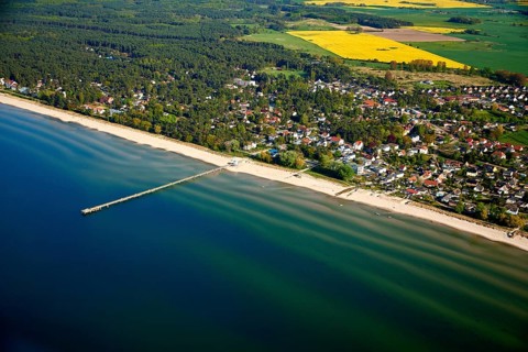 Aerial view of the Lubmin seaside resort with a pier in the Greifswalder Bodden