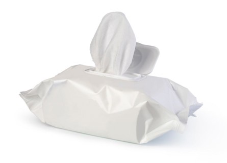 Open wet wipes flow pack, isolated on white background