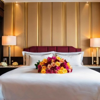 Luxurious hotel room with a colorful rose bouquet on the bed, decorated in gold tones, AI generated