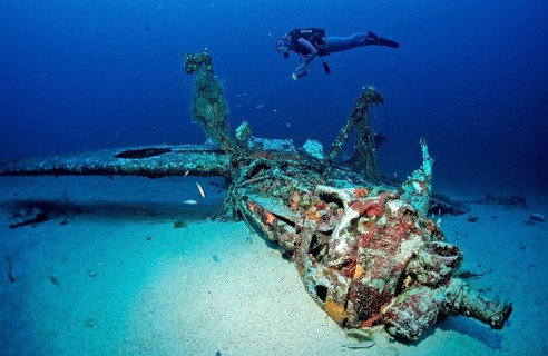 Messerschmidt 109 and diver, Mediterranean Sea, Ile de Planier, Marseille, France, Europe