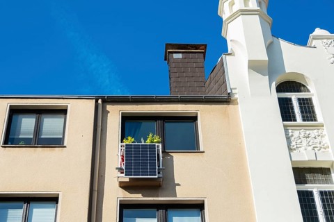 Balcony power station on a balcony of an attic flat in Düsseldorf, Germany, Europe