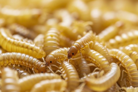 A close-up of mealworms (Tenebrio molitor) in yellowish-brown tones, AI generated, AI generated