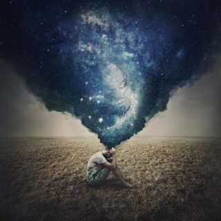 State of mind and mental health concept as a melancholic lone person seated in an open land suffers