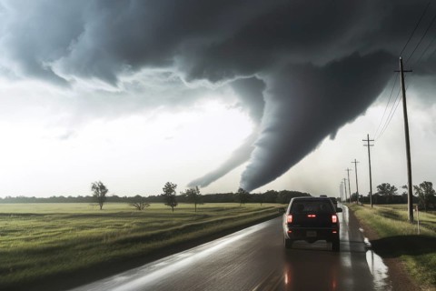 A tornado moves with great destructive force over agricultural land, car on road, natural disaster,