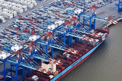 Container terminal, container ship being loaded, being unloaded, port, Bremerhaven, Germany, Europe