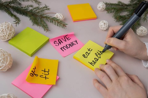 Woman writing promises and aims. Preparation for new year new life new me. Visualizing wish list