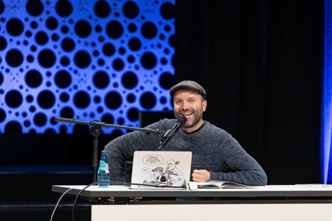 FRANKFURT AM MAIN, Germany, October 22 2023: Marc-Uwe Kling (*1982, German songwriter, author, and