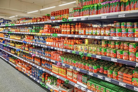 Shelf with tomato sauce and tomato paste in a wholesale store, Kempten, Allgäu, Bavaria, Germany,