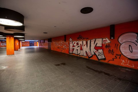 Completely neglected, dirty subway, tunnel, pedestrian tunnel, Messedamm, between International