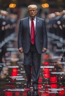 Donald Trump strides between a trellis of people on a ground mirrored after a rain shower, a small
