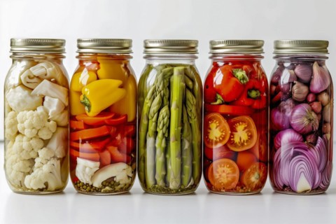 Different types of pickled vegetables in preserving jars on a neutral background, AI generated, AI