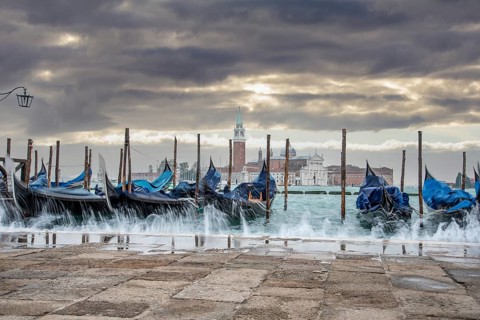 Moored Gondolas during High Tide at the St Marks Square, Venice, Italy, Europe