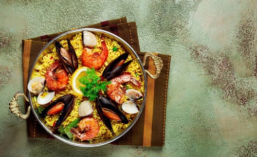 Food, Paella, traditional Spanish dish, seafood paella, top view, homemade, no people