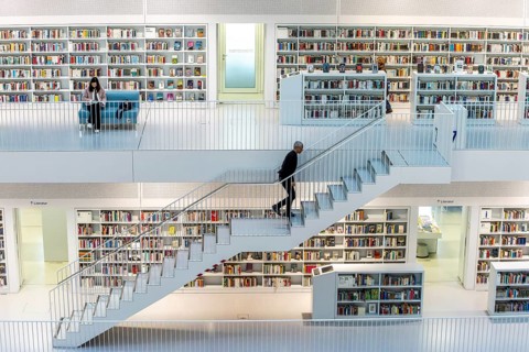 Detail of the cube-shaped interior of the city library on Mailänder Platz by architect Prof. Eun