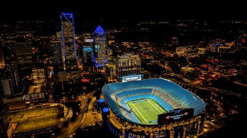 Night aerial view of the Bank of America Stadium, home of the National Football League Carolina