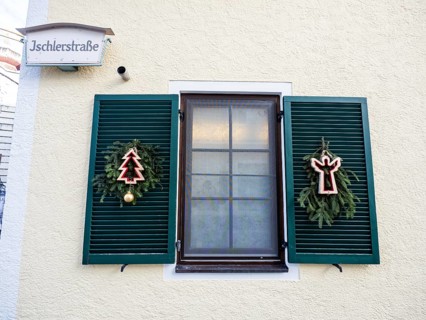 Christmas decoration on a window, Strobl am Wolfgangsee, Salzkammergut, Salzburg province, Austria,
