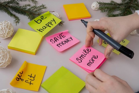 Unrecognizable woman writing new year's resolutions on colorful sticky notes. Making promises for