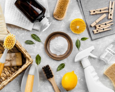 Top view eco friendly cleaning products with baking soda