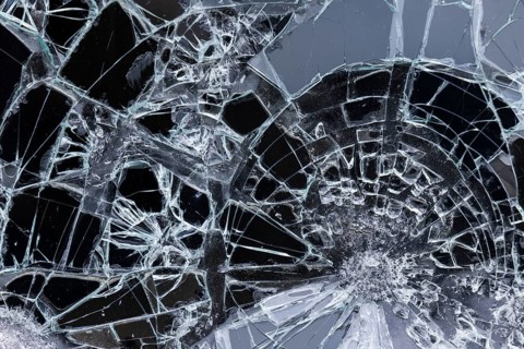 Pattern of smashed window pane, glass is splintered, window pane broken, close-up, Portbail,