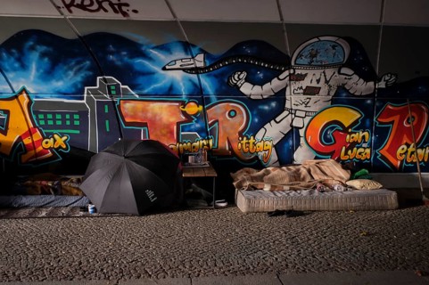Germany, Berlin, 15.11.2023, Under the bridges of Berlin, homeless man on a mattress under the