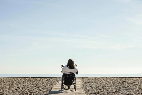 Back view woman wheelchair beach. Resolution and high quality beautiful photo