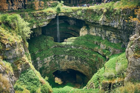 Baatara gorge waterfall in Lebanon. Gorge sinkhole and natural bridges in Tannourine, Lebanon, Asia