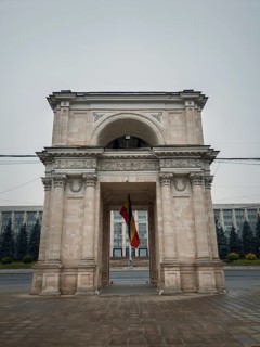 Close up view to the Triumphal Arch in front of the government building, Chisinau, Moldova.