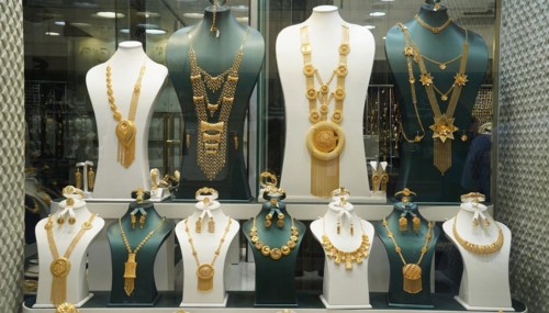 Saudi Arabia, Jeddah, Gold jewellery in a display, Gold Souk, Middle East, Asia