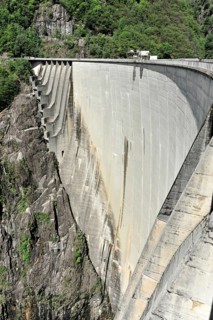 Contra dam with lateral overflows, site of James Bond's bungee jump in the film Goldeneye, diving