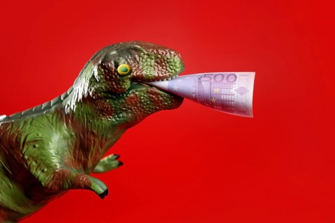 Toy dinosaur with euro note in its yaws over red background